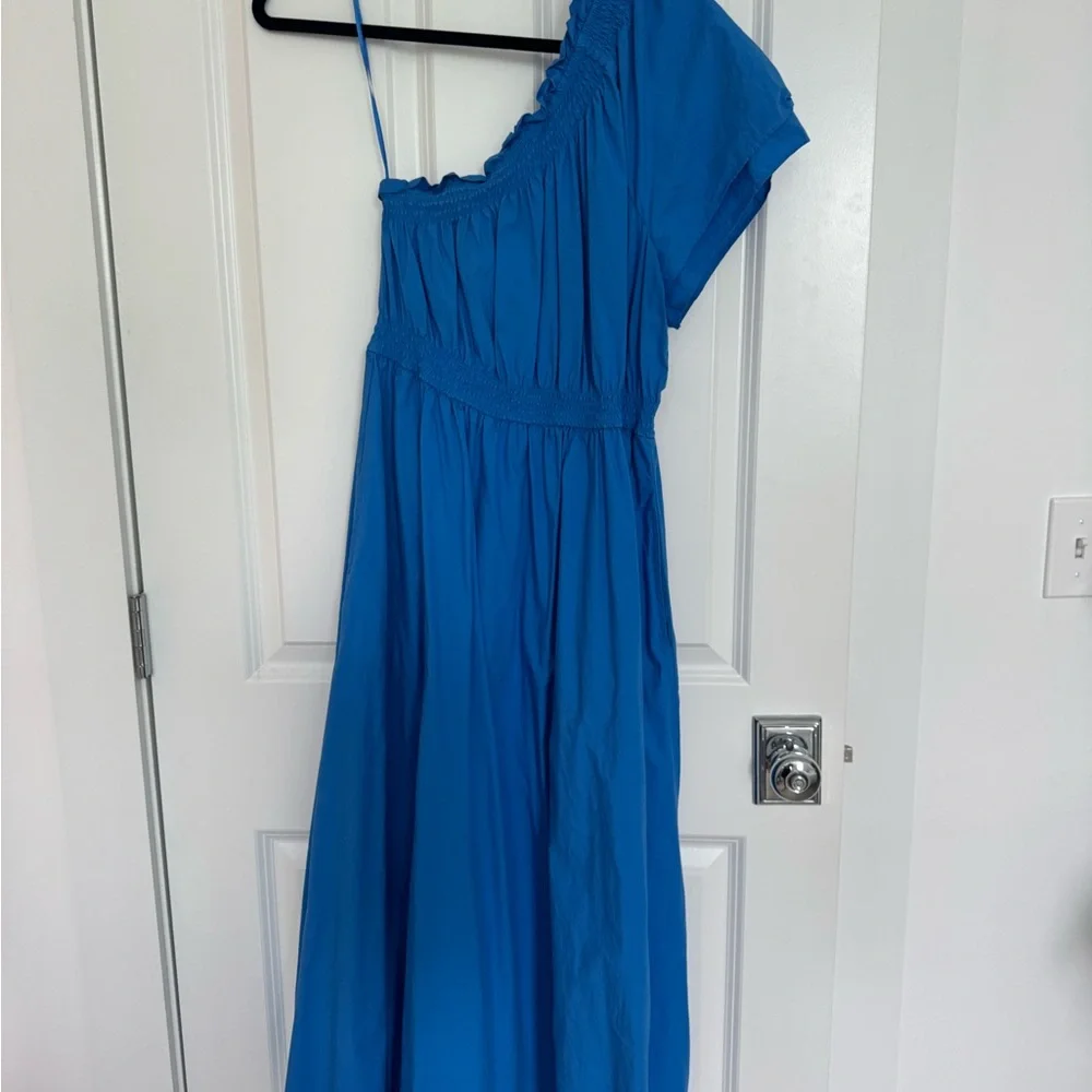 J.Crew Smocked one-shoulder dress in cotton poplin blue Size small